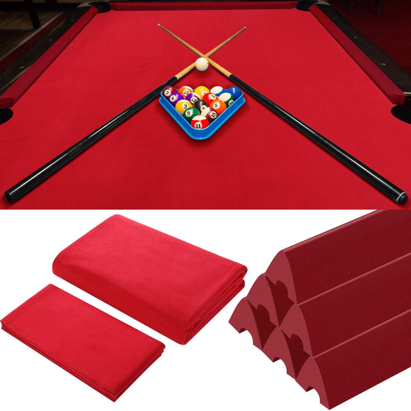 Photo 1 of Mixweer Billiard Cloth for 8 ft Pool Table Pre Cut Pool Table Felt Billiard Protector with 6 Pcs Cloth Strips and 6 Pcs Pool Table Rubber Bumpers for Bars, Clubs, Hotels Replacement (Red)