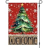ARGOOFG Christmas Tree Welcome Garden Flag 12x18 Inch Double Sided Red Small Outside Winter Snowflake Seasonal Holiday Yard Porch Outdoor Decoration