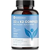 Vitamin D3 K2 Supplement, MK7 100mcg + D3 5000 IU, Vegan, 60 Capsules | With calcium &amp; BioPerine for muscle, bone, heart, immunity &amp; energy support; high absorption vegan formula