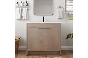 SSLine 36-Inch Bathroom Vanity with Sink Mid-Century Bathroom Vanities with Top Basin Floor Wood Bathroom Sink Cabinet with Soft-Close Doors & Adjustable Storage Shelves (Light Oak)