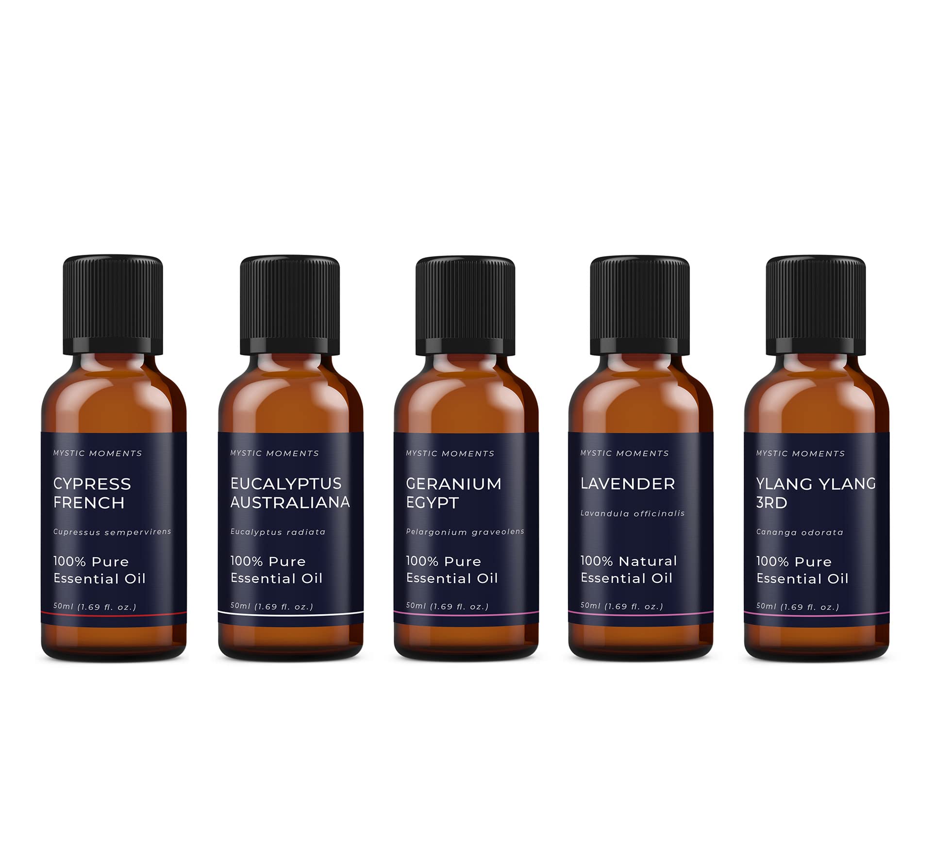 Mystic Moments | Yin Essential Oils Gift Starter Pack | 5 x 50ml 100% Pure Aromatherapy Oils | Eucalyptus Australiana, Geranium Egypt, Lavender, Cypress French & Ylang Ylang 3rd