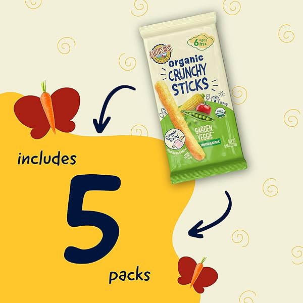 EARTH’S BEST ORGANIC BABY FOOD, DISSOLVABLE TEETHING SNACK FOR BABIES 6 MONTHS AND OLDER, GARDEN VEGGIE CRUNCHY STICKS, .56 OZ PACK (PACK OF 5)