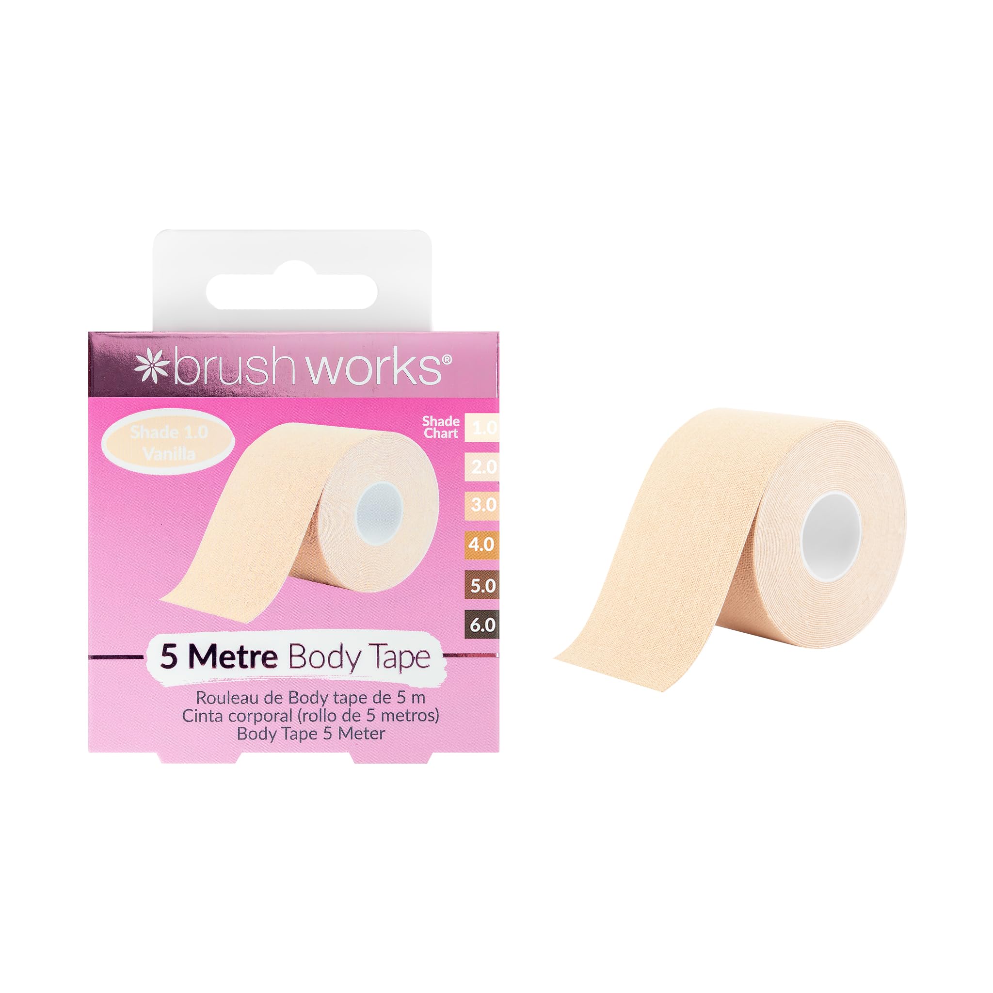 Brushworks Body Tape Shade 1.0 Vanilla – Nude Stretchy Body & Breast Lift Tape for Long-Lasting Support & Invisible Hold, 5m Roll, Comfortable & Skin-Friendly Bra Tape, Vegan & Cruelty-Free