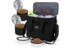 BAGLHER Dog Travel Bag, Airline Approved Pet Tote Organizer with Multi-Function Pockets, 2 Food Storage Containers and 2 Collapsible Dog Bowls, Perfect Weekend Pet Travel Set, Black