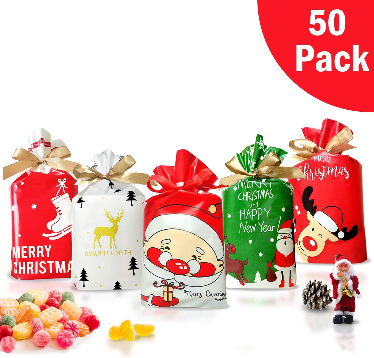 50 Pcs Christmas bags for gifts Christmas candy bag Christmas treat bags Candy Goodies Plastic