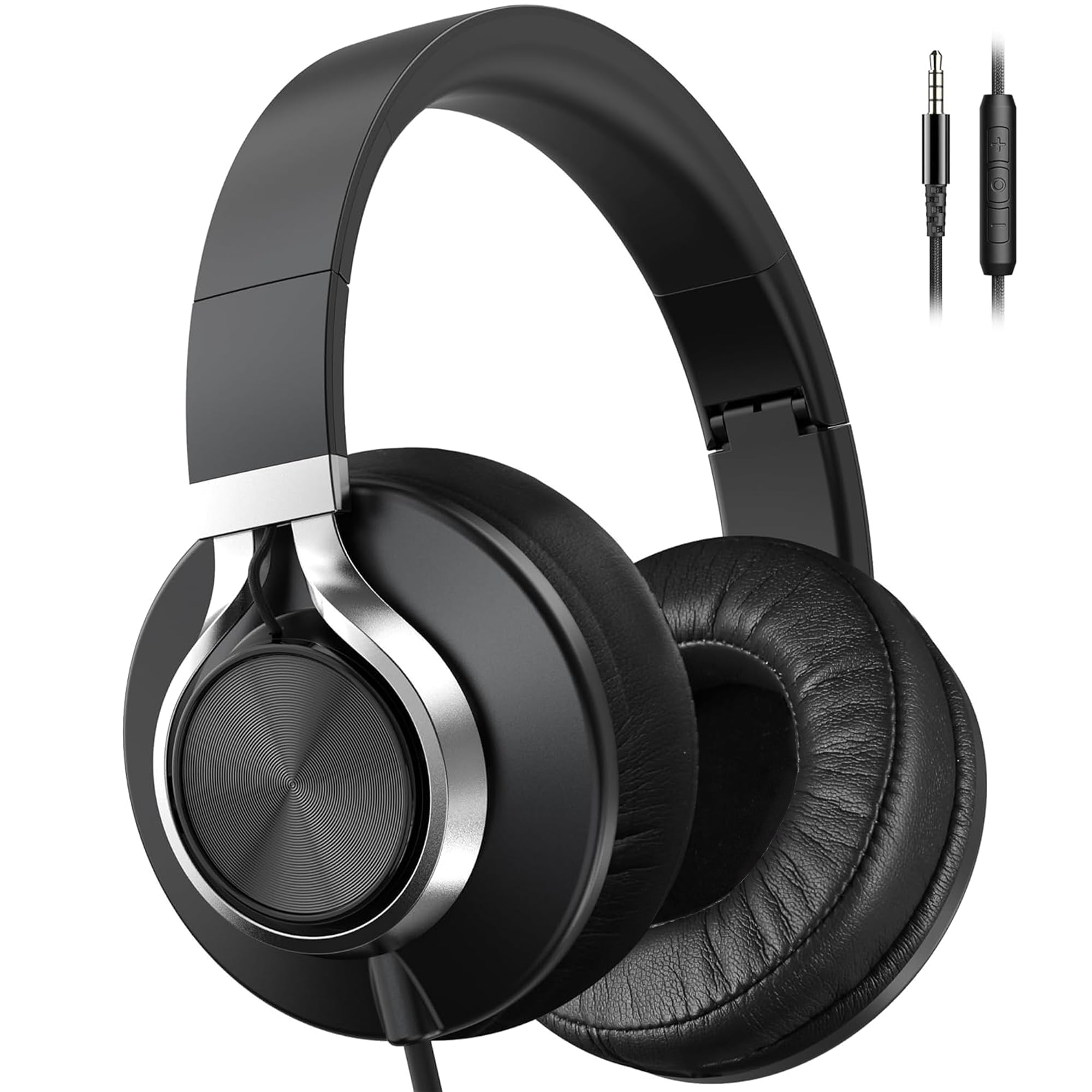 Ailihen Wired Headphones with Microphone and Volume Control, Over-Ear Foldable Corded Stereo Headsets for Teens Adults 3.5mm for Computers, Chromebooks, Tablets (Black)