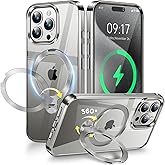 [CD Metal Ring & Invisible 360° Spin Stand] Magnetic Case for iPhone 15 Pro Max [Electroplated Shockproof Bumper ][Compatible with Mag Safe]Cover with Stand for Women Men Slim Clear -Natural Titanium