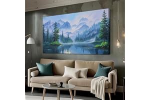 Ardemy Landscape Wall Art Mountain Lake Nature Canvas Painting Textured Misty Forest River Scenery Picture Tranquil Green Blue Framed Large Artwork for Living Room Bedroom Home Office Decor, 40"x20"