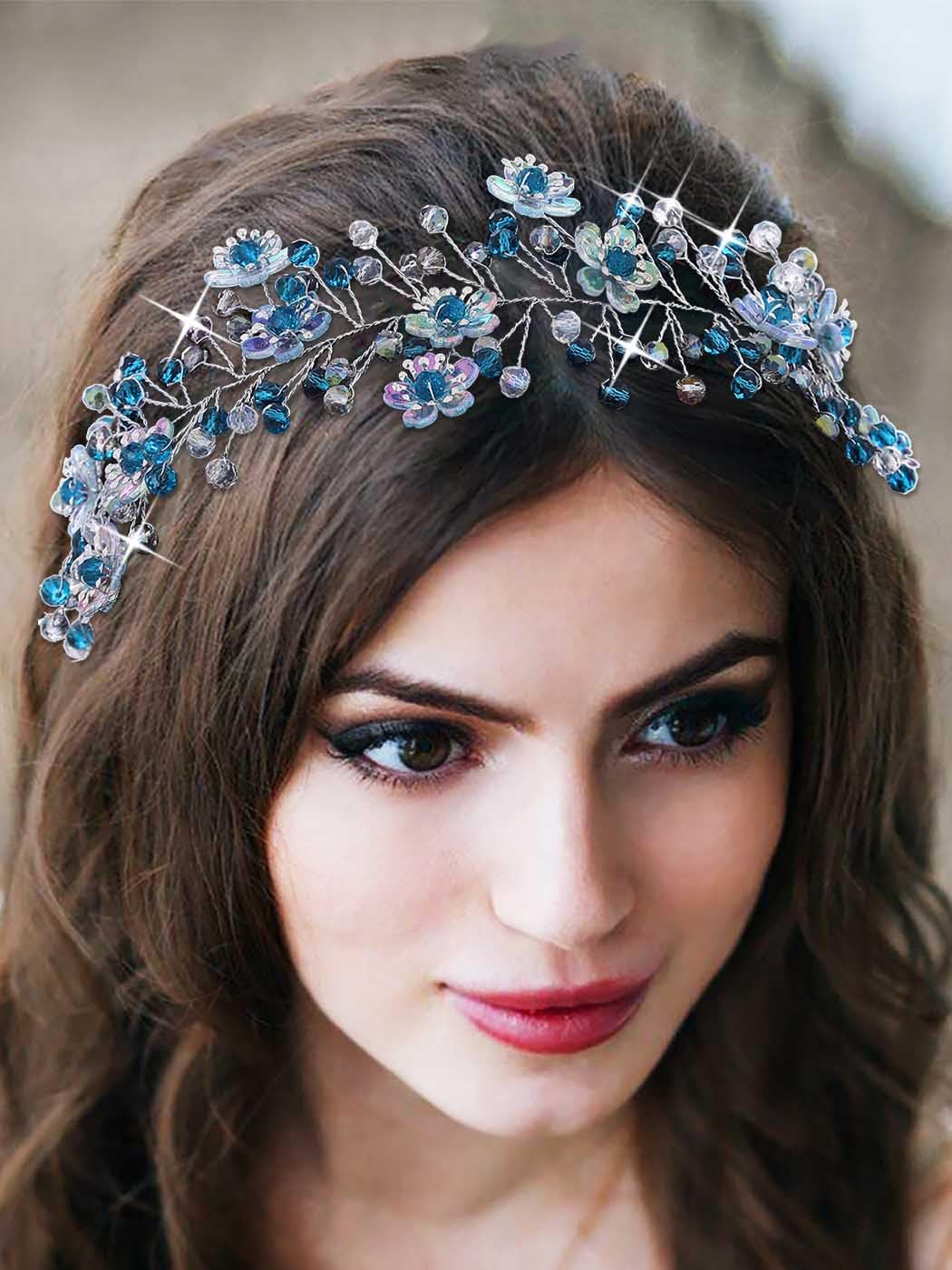 IYOU Bridal Wedding Hair Vine Blue Crystal Headband Flower Bride Bridesmaid Hair Accessories for Women