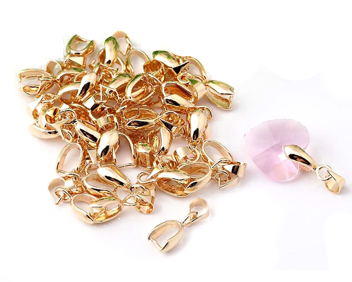 Fodattm 50 Pcs Copper Pinch Clip Clasp Bails Dangle Metal DIY Jewelry Findings Pendant Bail Bead Pendant Connector Necklace Clasps (KC Gold, 6 x 17mm)