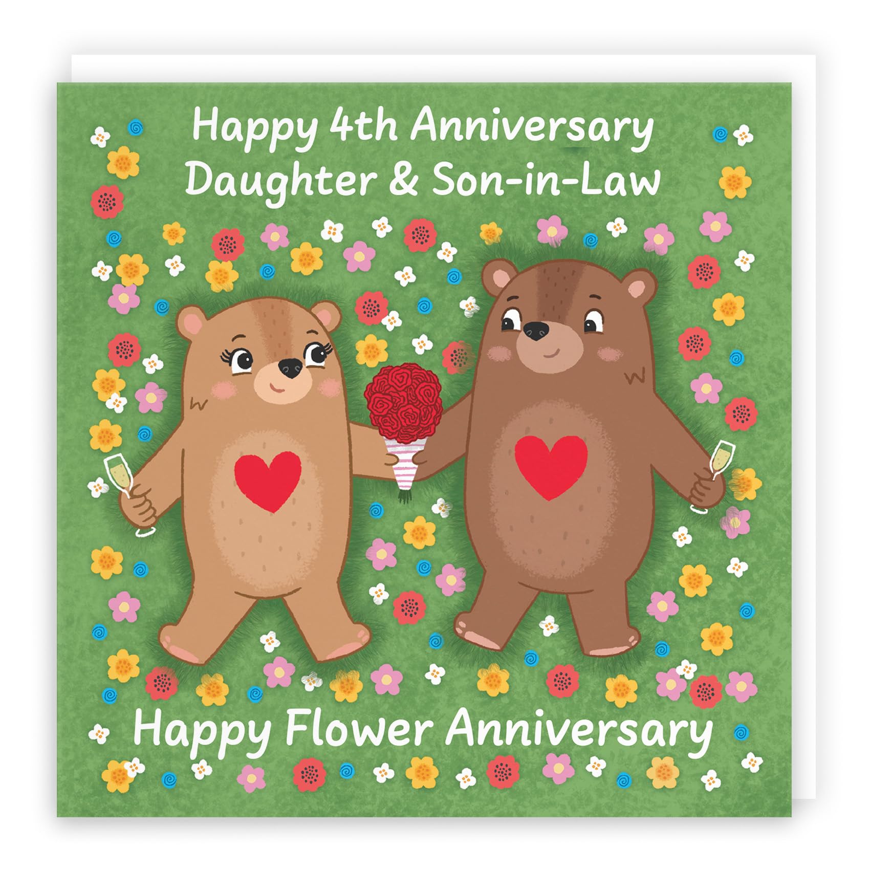 Hunts England - Daughter And Son In Law 4th Anniversary Card - Flower Anniversary - Fourth Anniversary - 4 Years - Cute Fun Bears Card For Daughter & Son-in-Law - Love Story Collection