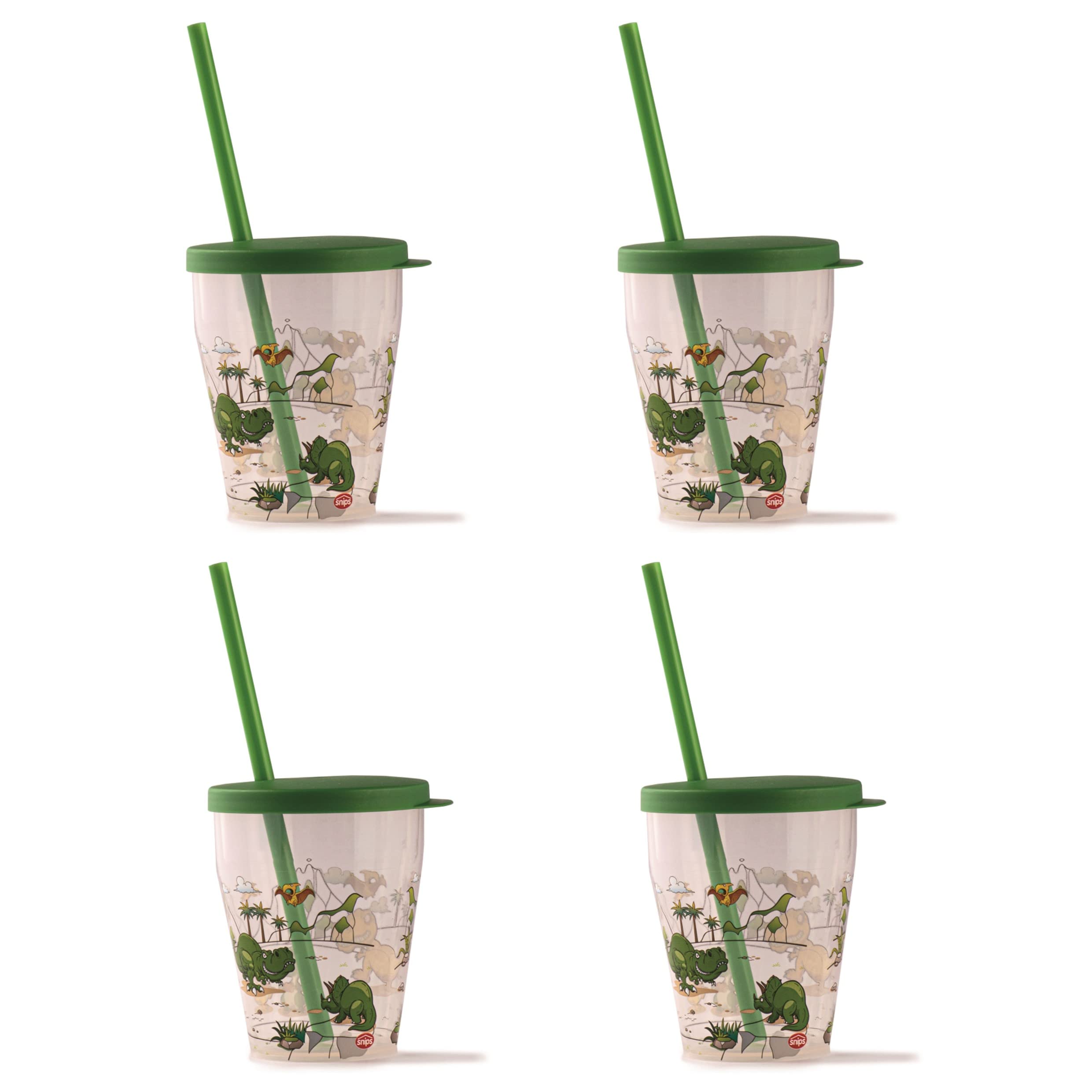 Snips - Set of 4 Plastic Cups with Lids and Straws, Dinosaur Decoration - 385 ml - Plastic Cup with Straw and lid, Made in Italy - Tumbler Cups