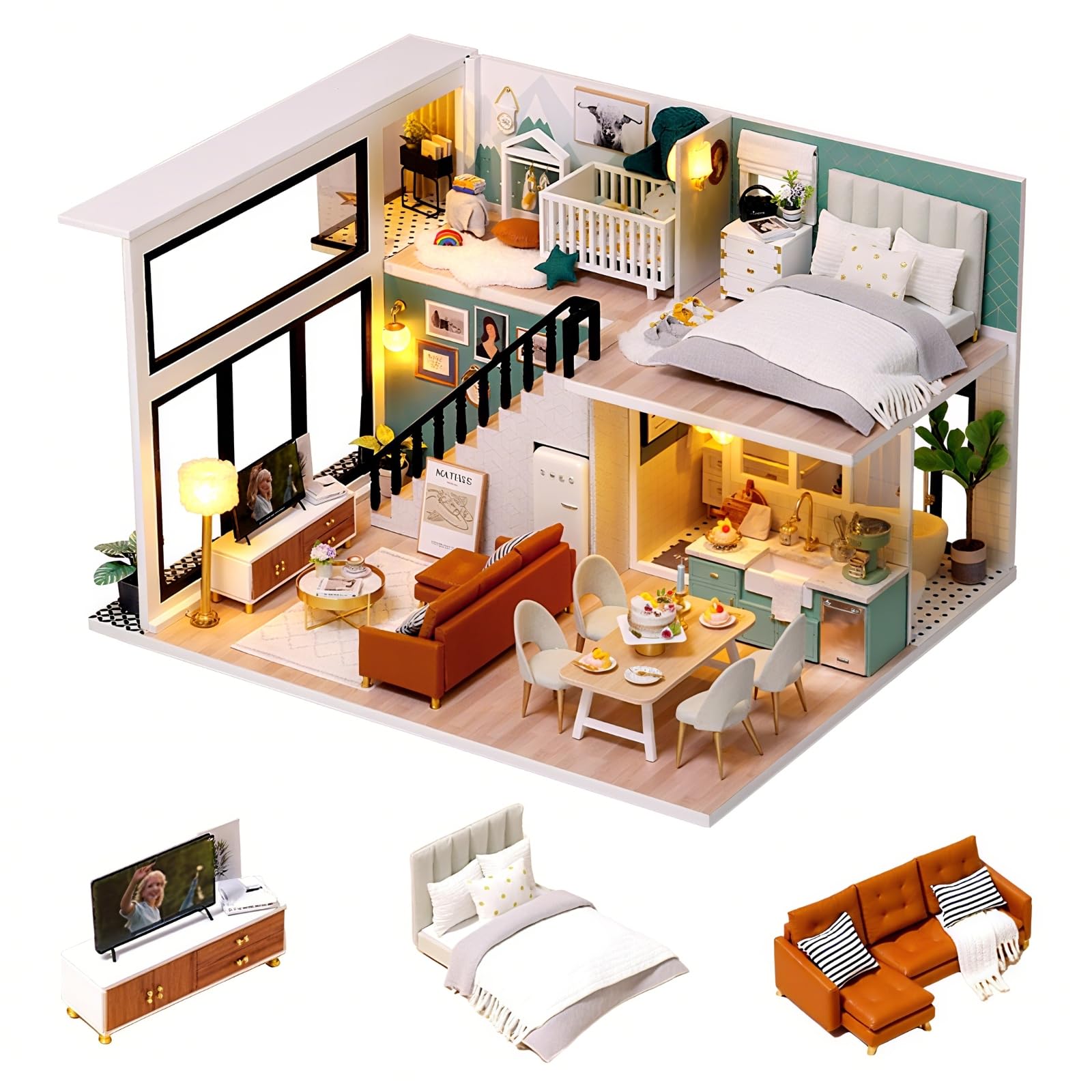 CUTEROOM DIY Miniature Dollhouse Kit with Furniture,Wooden Doll House with Music Movement, DIY House Kit Christmas Birthday Gifts - Comfortable Life