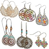 6 Pairs Retro Bohemian Drop Dangle Earrings, Vintage Boho Chic Rhinestone Earring Jewelry Set for Women