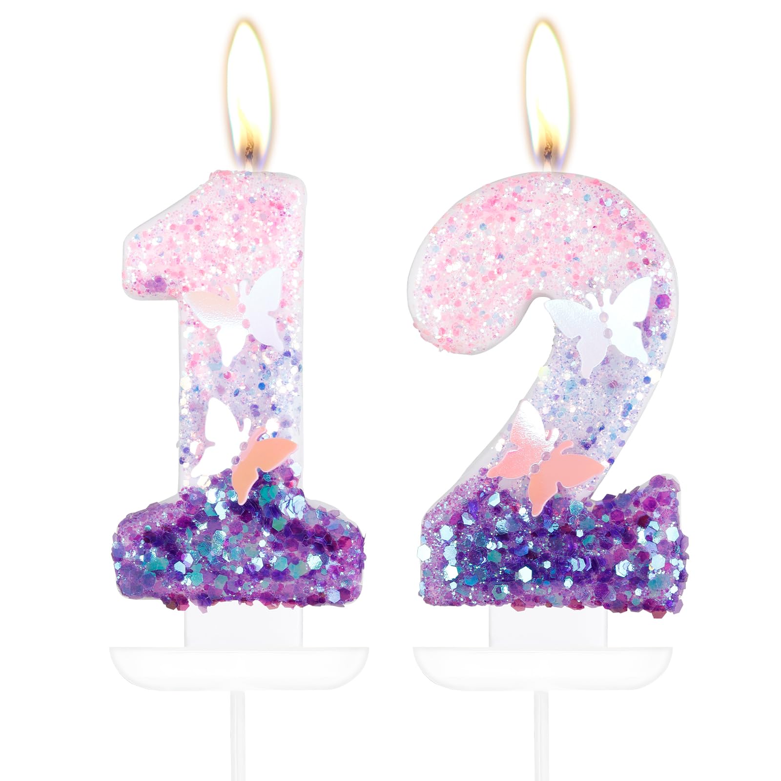 mciskin Butterfly Number 12 Candles for Cake, Purple Pink Butterfly 12th Birthday Cake Topper for Her,Girls 12th Birthday Decorations, Purple Pink 12 Candles for Party,Wedding,Baby Showers Supplies — image 1