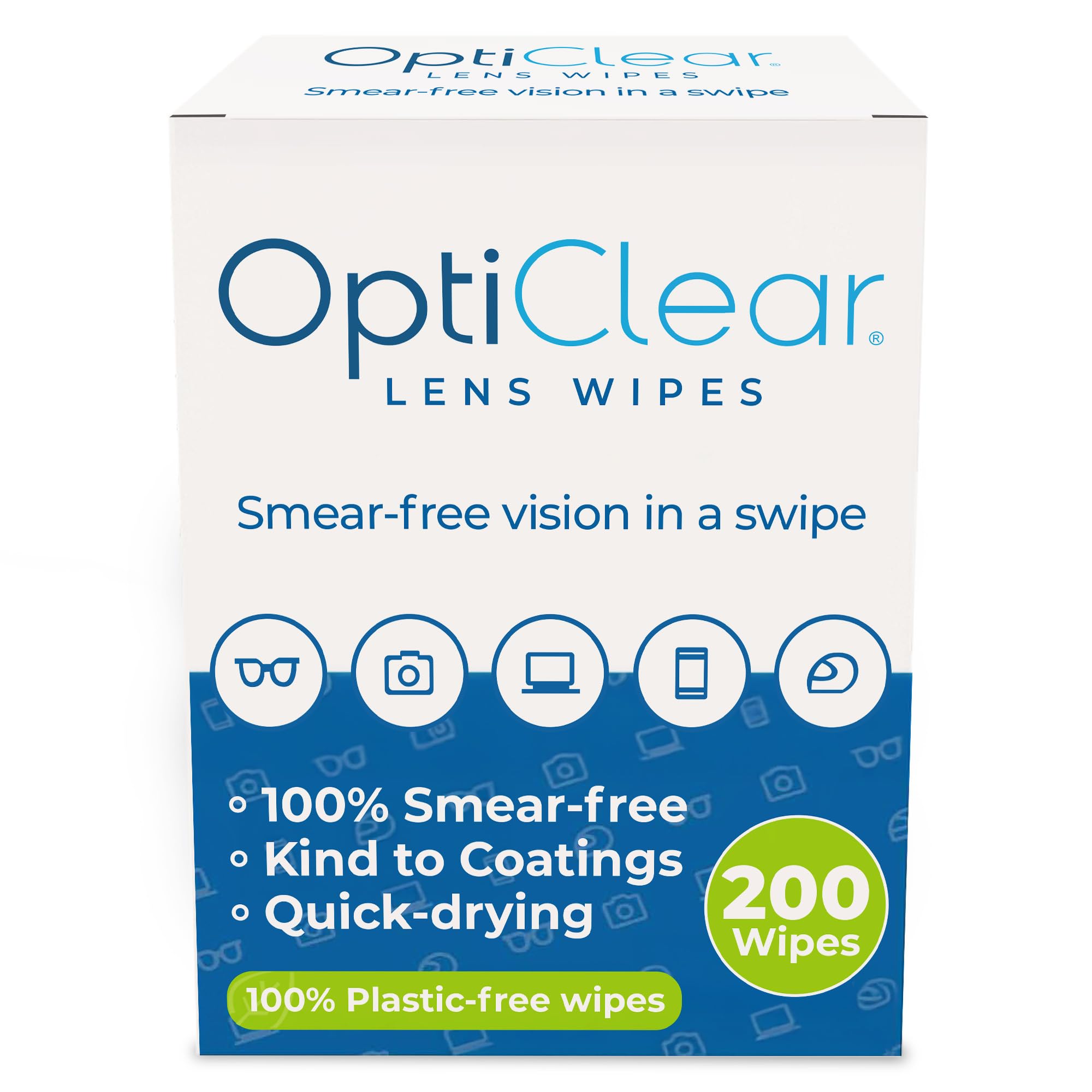 Opticlear Lens Wipes - Cleaning Wipes for Eyeglasses, Smartphones, Tablets, Laptops, TV, Cameras, Screens & Optical Devices - Smear-Free, Quick Drying, Anti-Fog, Safe for Coatings - 200 Count
