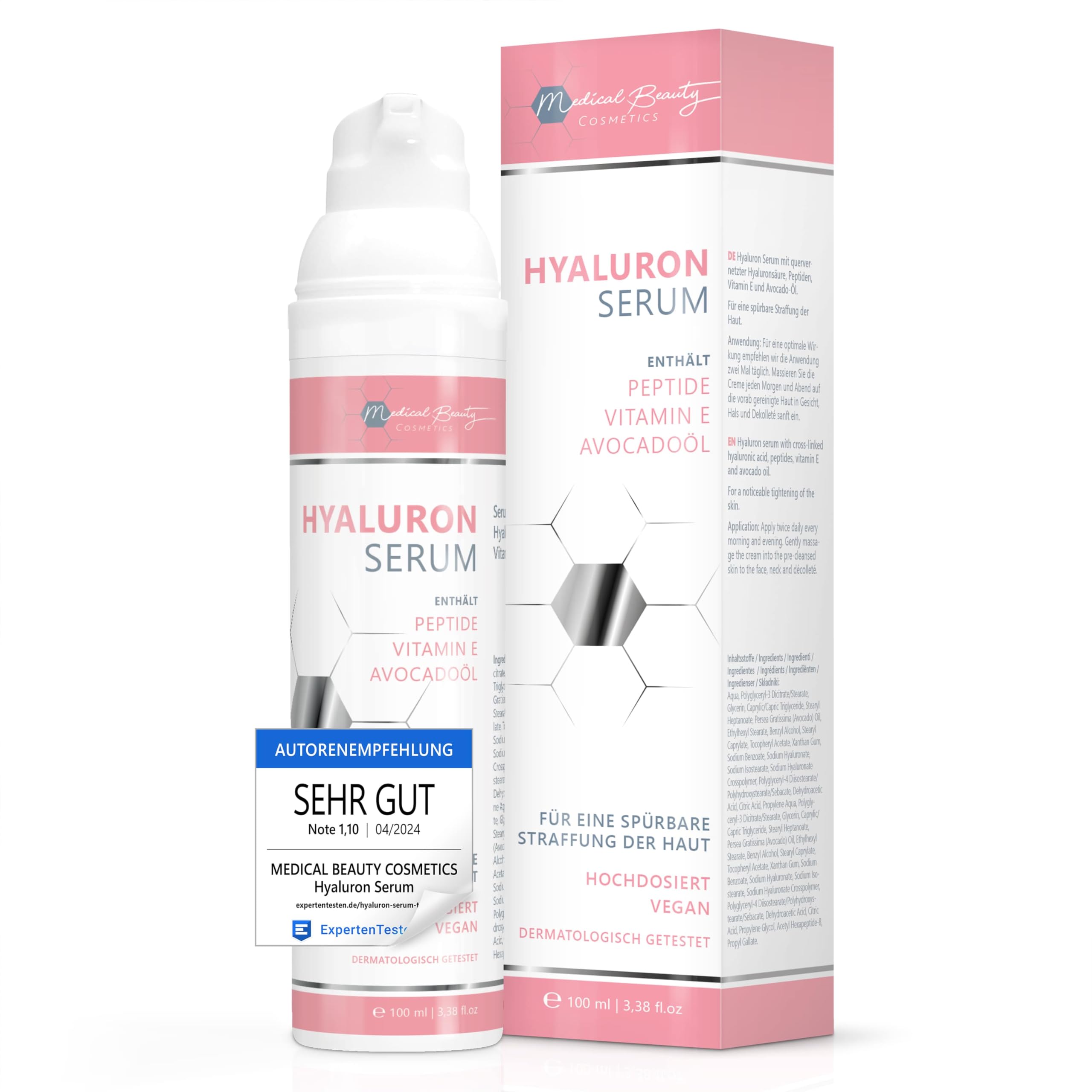 TEST WINNER 2020: Vegan anti-aging hyaluronic serum with 3 high-dosed hyaluronic acids (short-chain, long-chain, cross-linked), peptides, vitamin E and avocado oil for eyes, face and décolleté