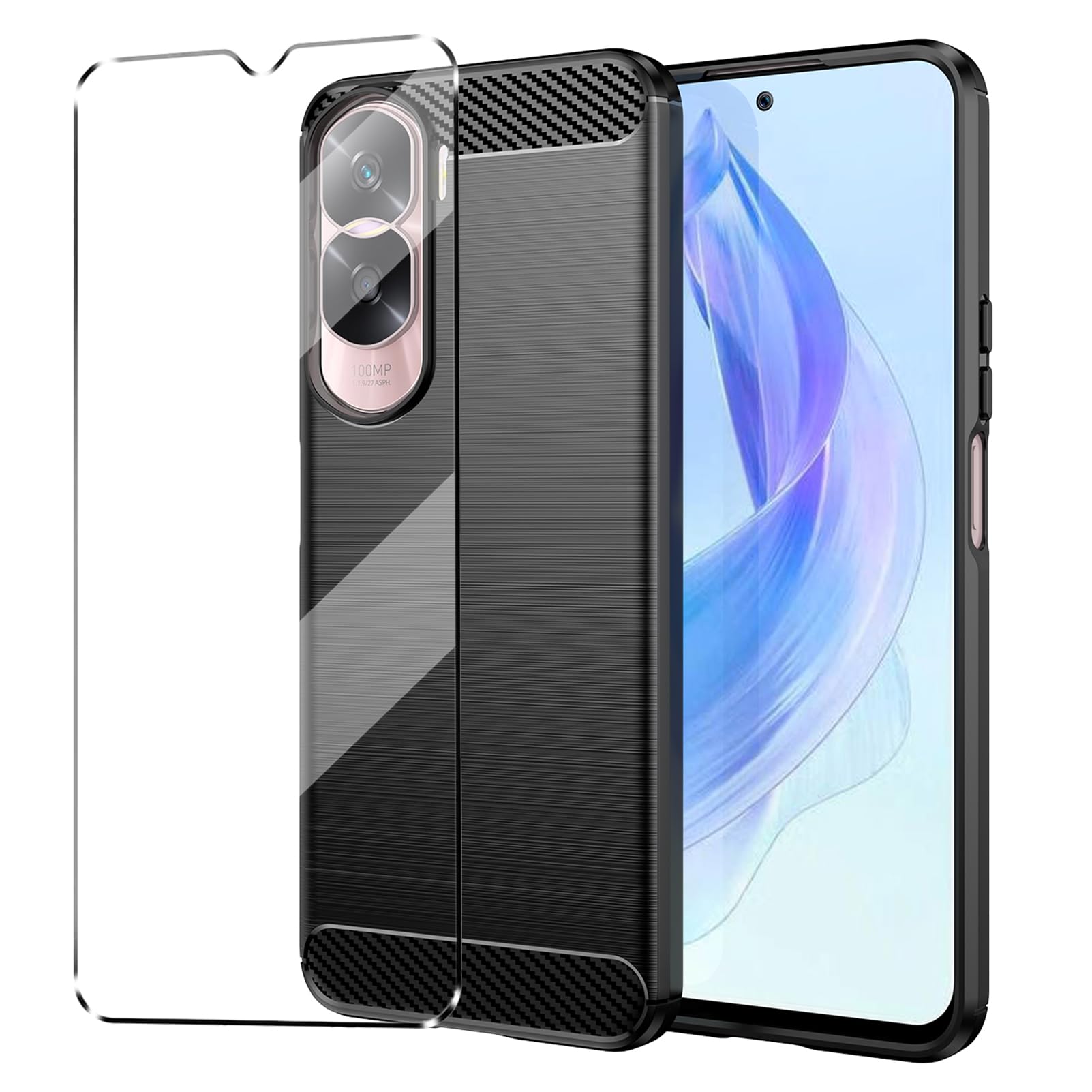 Case Compatible with Honor 90 Lite Cover with 1 Pack Tempered Glass Screen Protector for Honor 90 Lite, Slim Fit Soft TPU Shockproof Anti-Scratch Phone Case Cover - Black