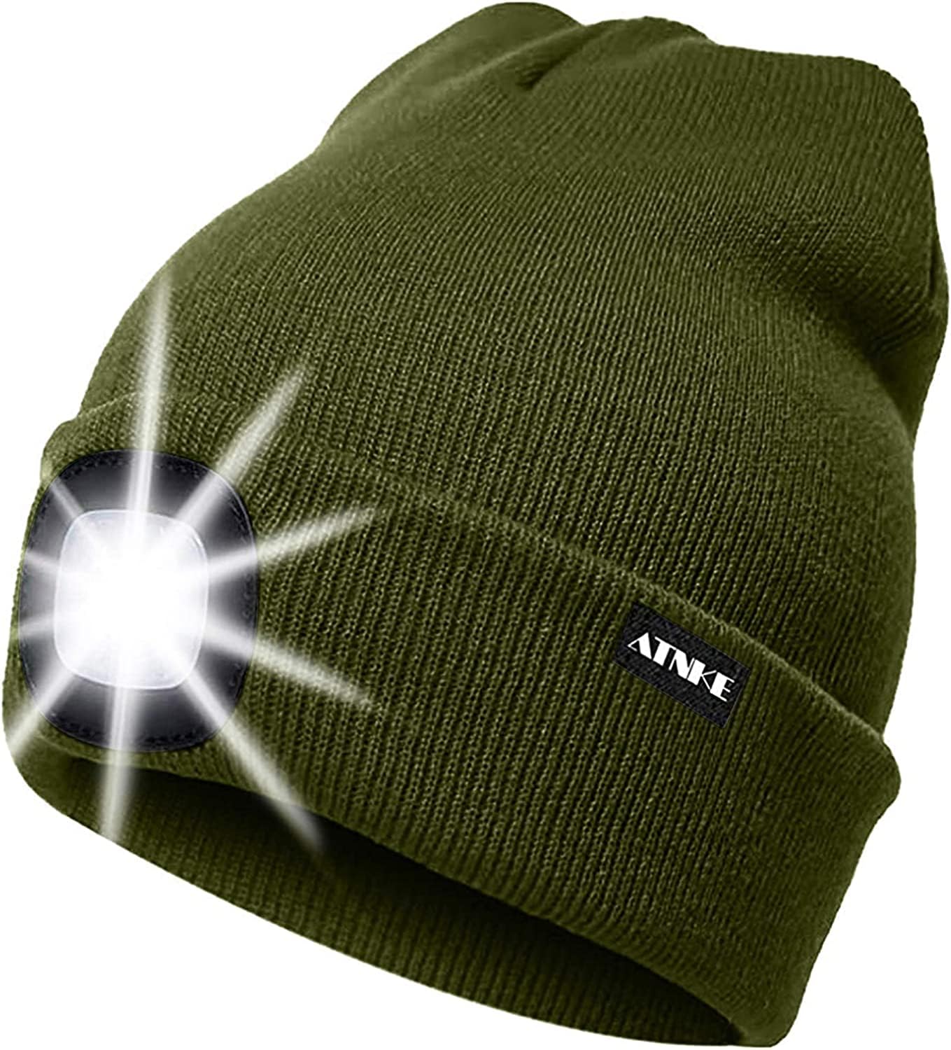 ATNKE LED Lighted Beanie Cap,USB Rechargeable Running Hat Ultra Bright 4 LED Waterproof Light Winter Warm Gifts for Men and Women/ArmyGreen