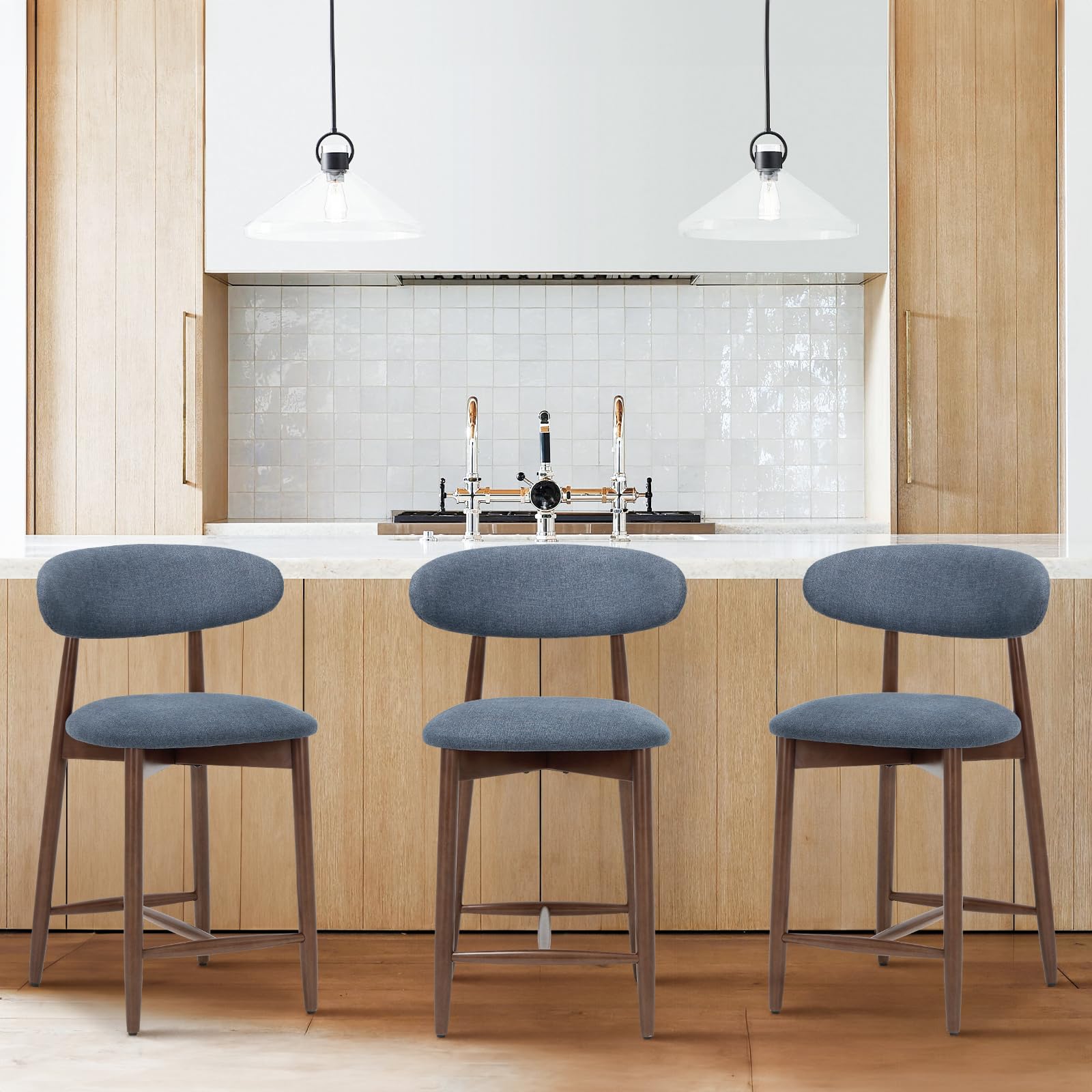 Photo 1 of **Only One***
COLAMY Mid Century Modern Bar Stools Set of 3, 25 Inch Upholstered Wooden Bar Stools with Back, Blue