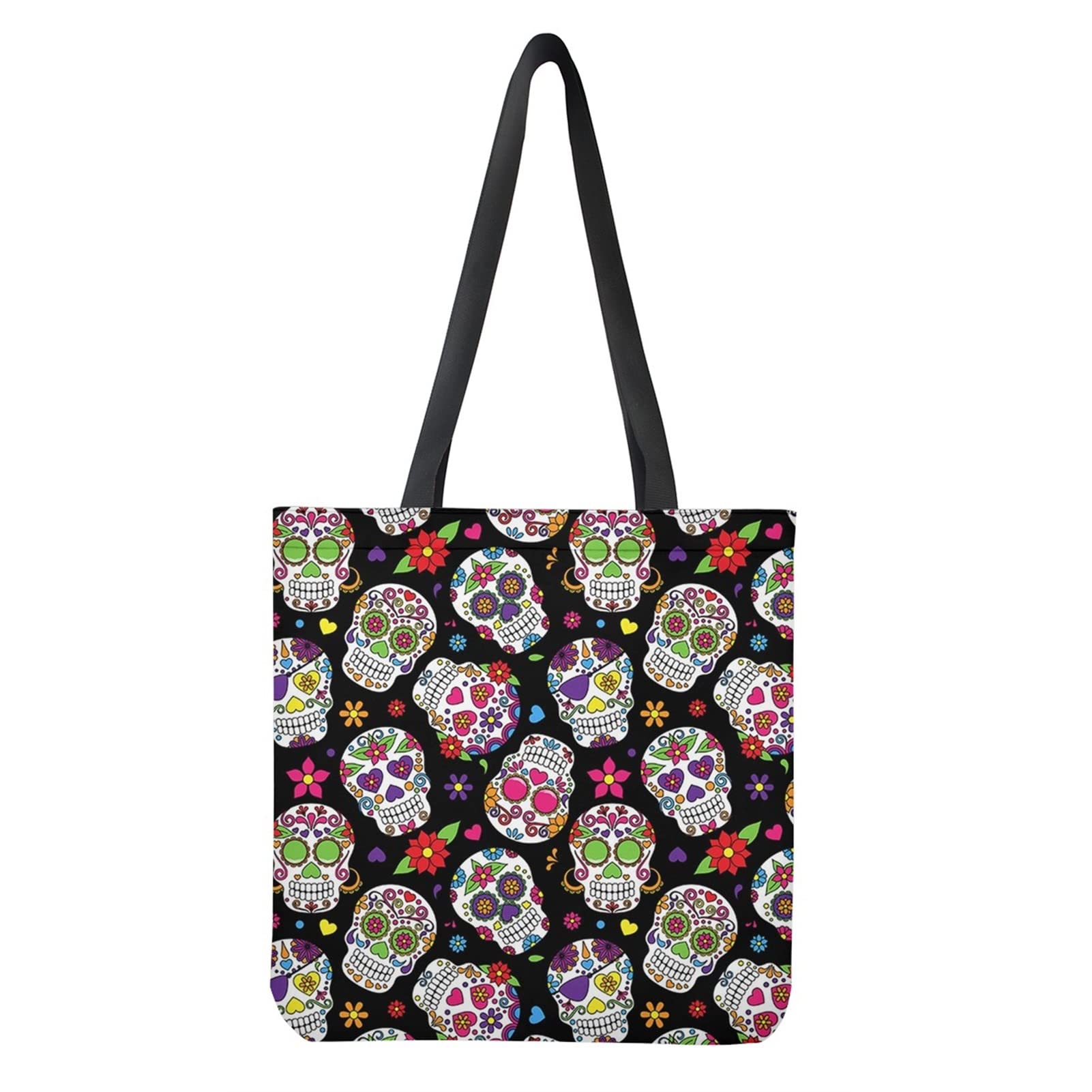 Dolyues Colorful Skull Canvas Shoulder Bag School for Women Men Large Capacity Handbag Tote Bag Foldable Reusable Shopping Bag for Grocery