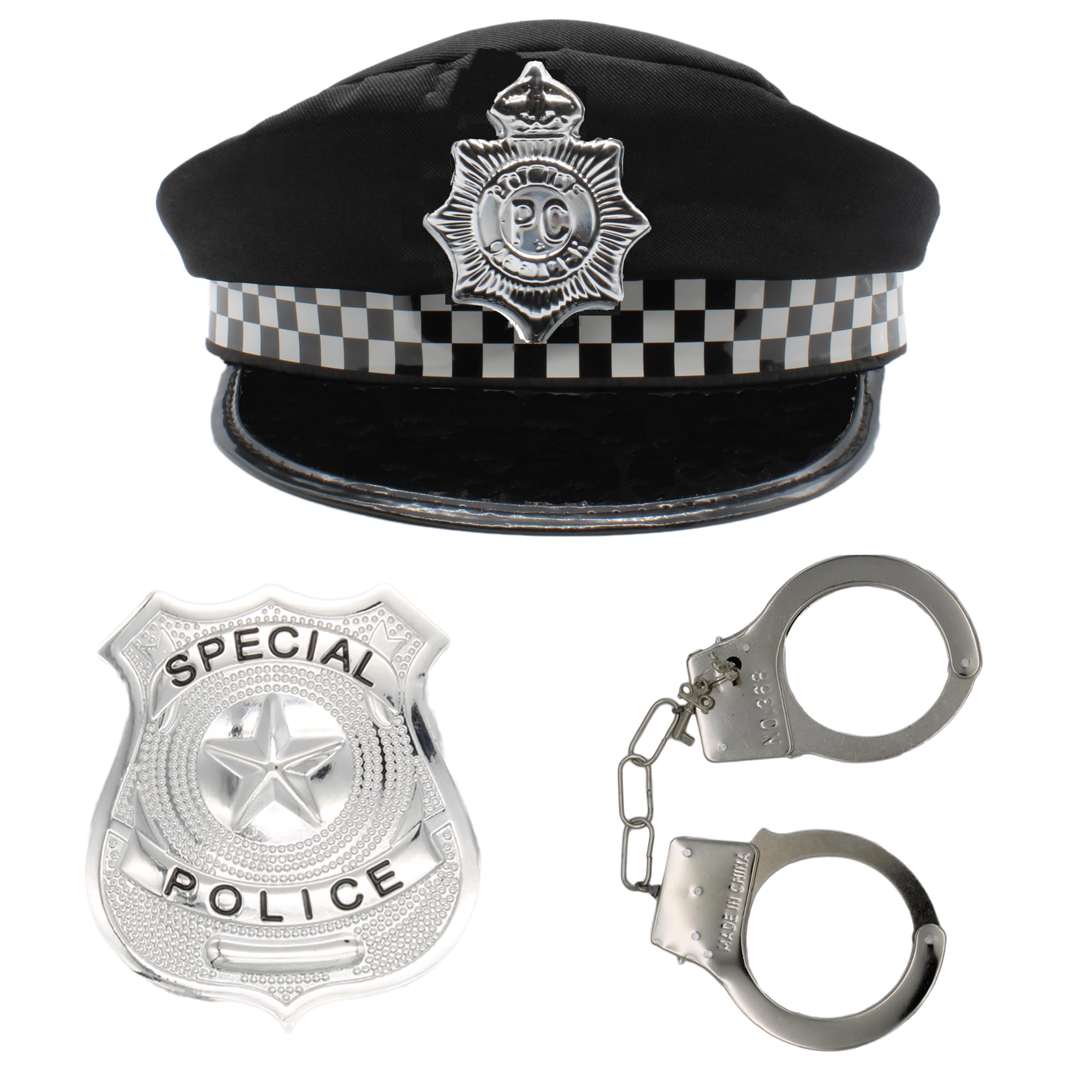 Cherry-on-Top Police Fancy Dress Hat Badge and Handcuffs for Dress Up Pretend Play
