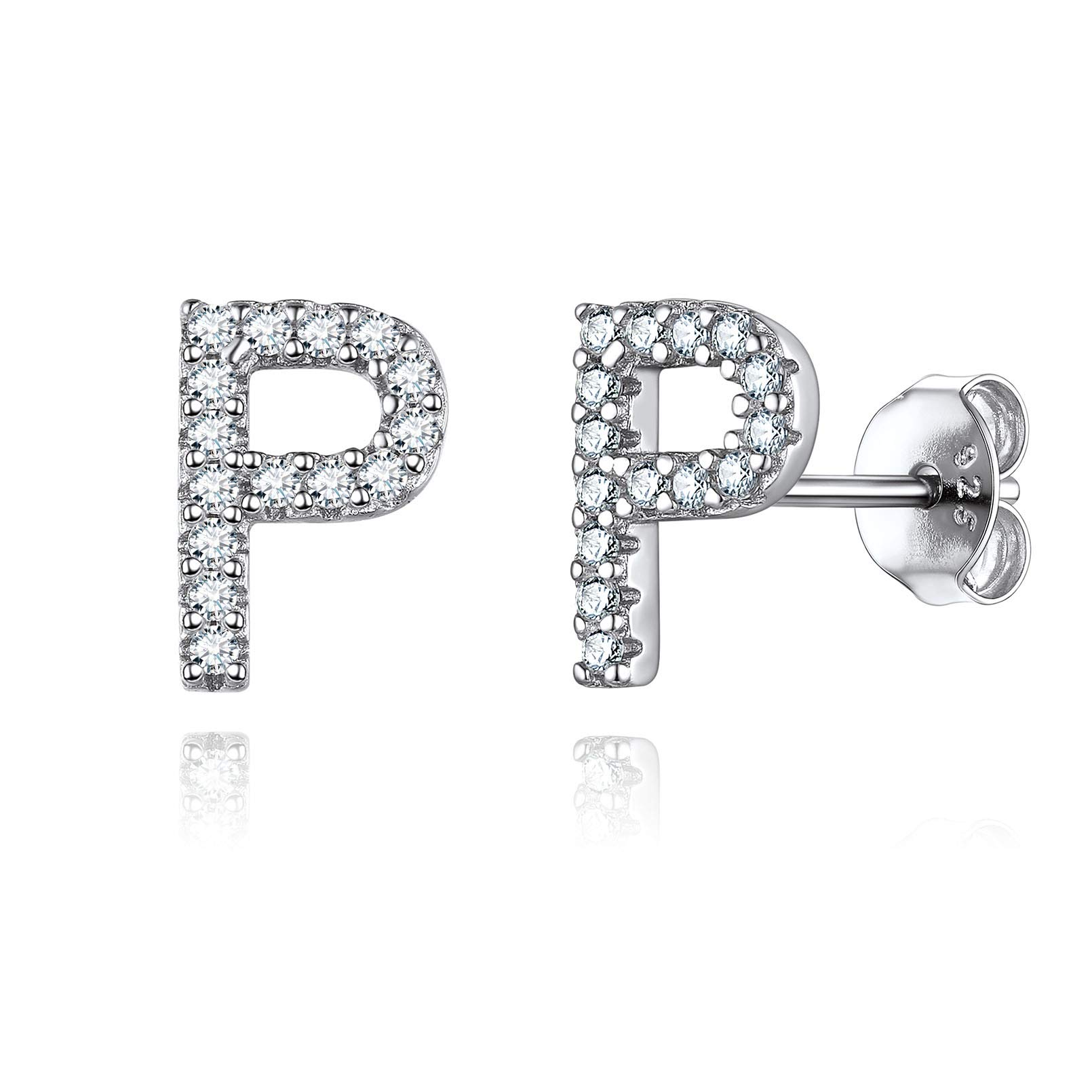 ChicSilver Sterling Silver Letter P Initial Earring Studs for Women Mum Daughter Minimalist Jewelry CZ Alphbet Earrings