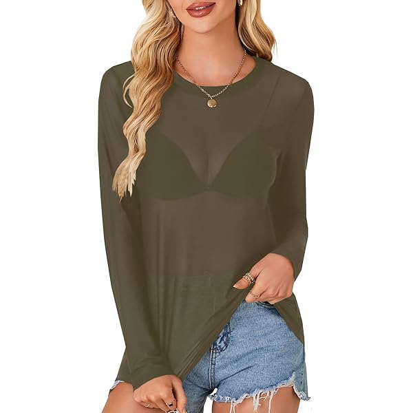 GORGLITTER Women's Mesh Long Sleeve Tops See Through Sheer Boat