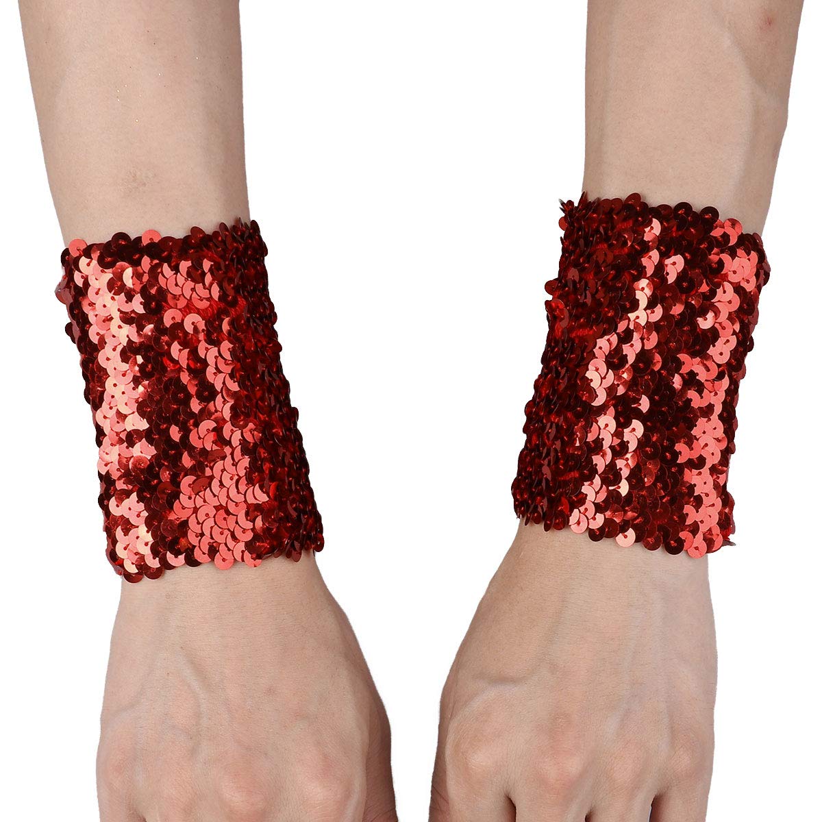 iEFiEL 1 Pair Women's Shiny Sequin Stretchy Oversleeves Sparkle Rave Dance Performance Costume Cuffs Red One Size
