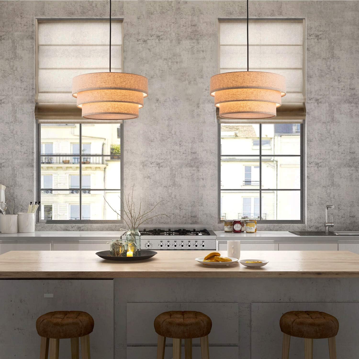 Rustic Pendant Lighting with Grey Linen Fabrics Lampshade Drum Pendant Light Modern Chandelier Adjustable Hanging Light Fixture for Kitchen, Foyer, Dining Room, Entryway Hallway Polished Nickel Finish: Home Improvement
