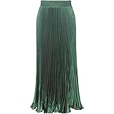 ebossy Women's Boho Satin Metallic Pleated Accordion Skirts Elastic High Waist Flowy A Line Shirring Maxi Long Skirt