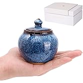 Lumulyfe Small Keepsake Urn with Memorial Box - Unique Handcrafted Blue Glaze Ceramic Urn for Human or Pet Ashes, Elegant Cremation Urn for Home Memorial, Sharing & Sympathy Gift