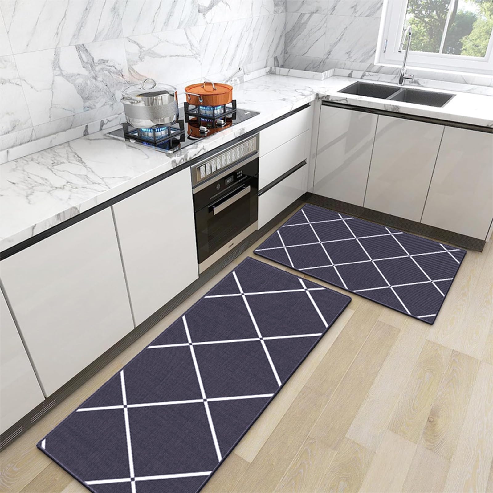IIF 2PCS Non Slip Kitchen Mat Kitchen Rug Set, Washable Mats and Rugs for Kitchen, Hallway, Dining Room, Entryway, Office, Sink, Laundry 40x60cm + 40x120cm (Dark Blue)