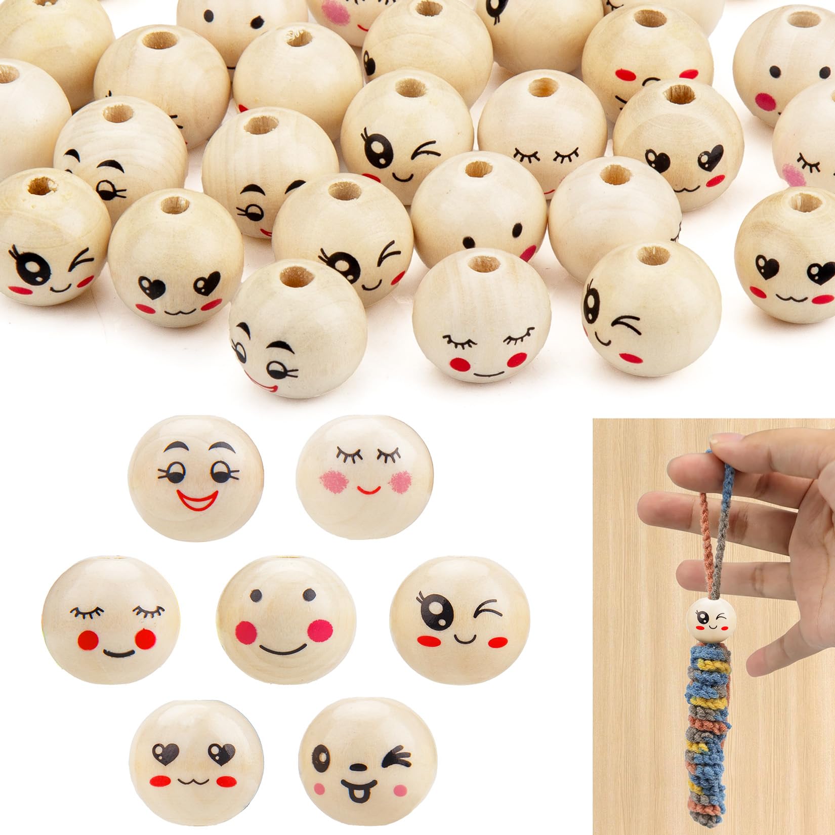 zrfgbxim 70 Pcs Smile Face Wooden Beads for Crafting, 20mm Natural Round Macrame Emoji Wood Beads with Faces, 7 Styles, for DIY Craft Bracelet Necklace Jewelry
