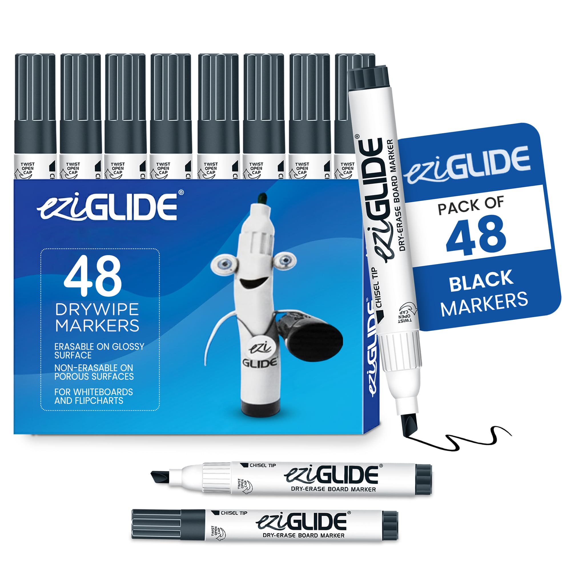 Eziglide Black Chisel Tip Drywipe Whiteboard Pens, Bulk Pack of 48 Black Markers, No Residue Ink, Hard-wearing Fibre Chisel Tip Dry Wipe Pen, Ideal for School, Home and Work