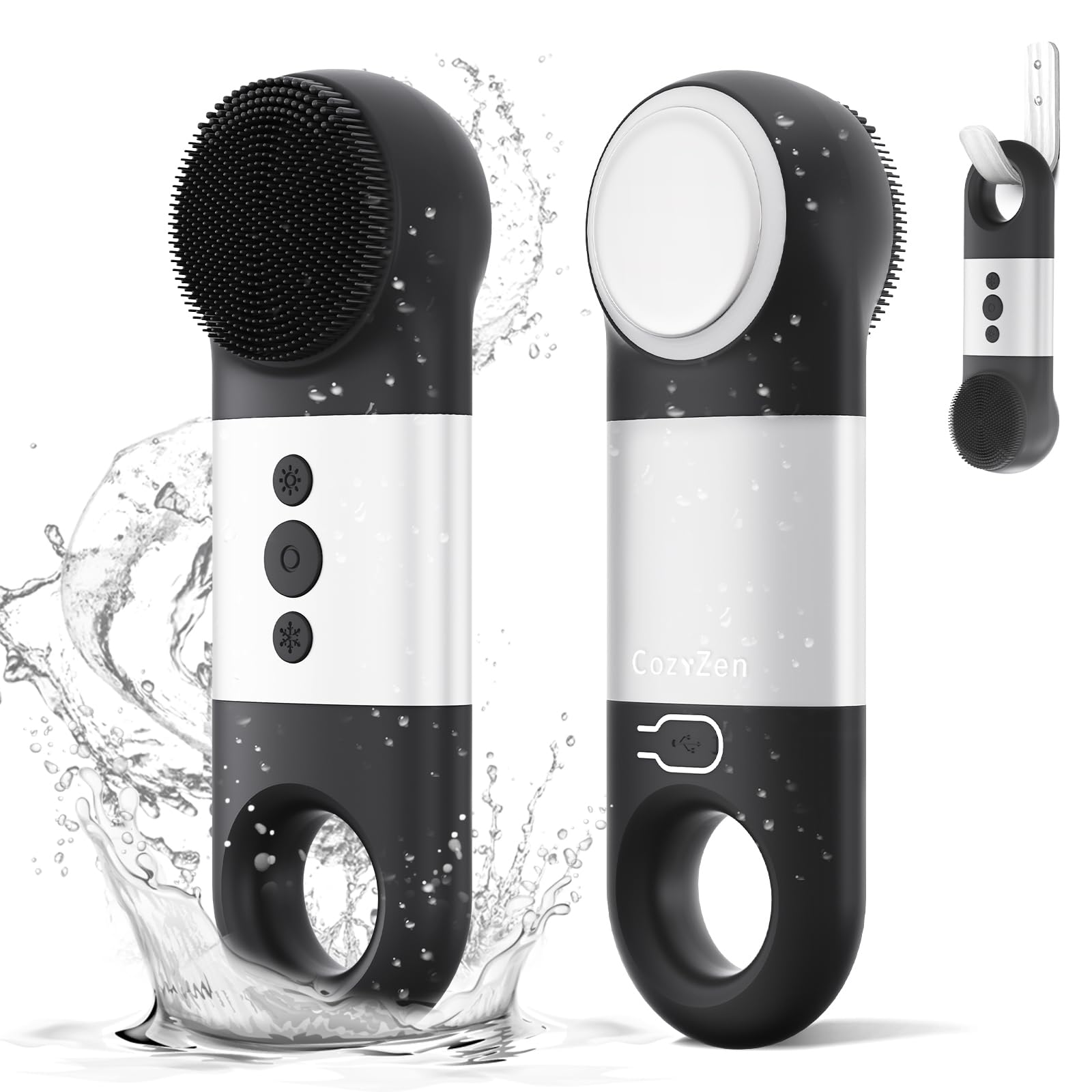 CozyZen Facial Cleansing Brush, IPX7 Waterproof and Rechargeable Silicone Face Scrubber, Heat & Cold Massage for Men & Women (Black)