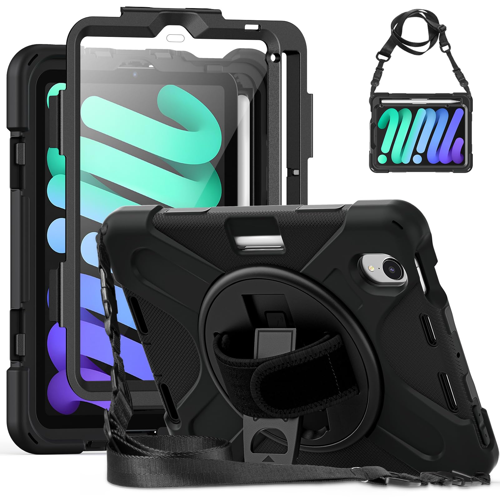Gerutek for iPad Mini 7 (A17 Pro)/ iPad Min 6 8.3 inch Case with Screen Protector,Full Body Shockproof iPad Mini 7th/Min 6th Gen Case with [Pen Holder][360 Rotating Stand/Hand/Shoulder Strap], Black