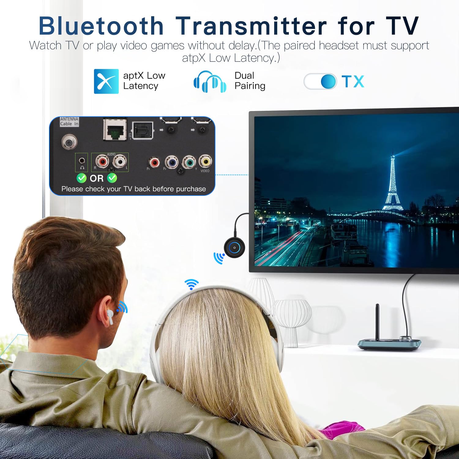 Seflorgo Bluetooth 5.3 Transmitter for TV/Airplane, 2-in-1 Bluetooth Transmitter Receiver for Home Stereo/Speakers/Headphones/PC/Car, Wireless Adapter w/3.5mm AUX/RCA Jack, Dual Link, Low Latency,16H