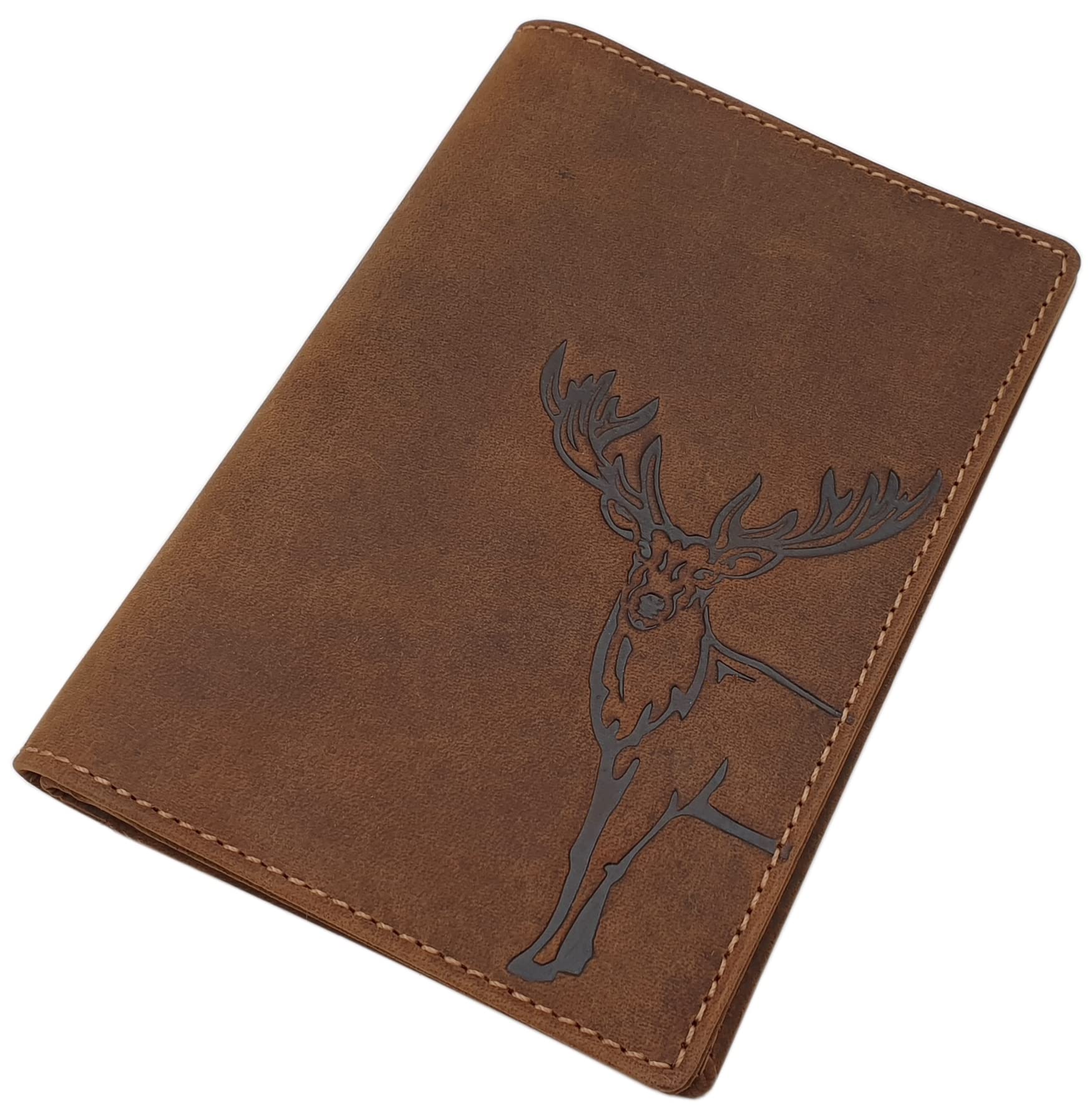 myledershop Buffalo Full Leather ID Card Holder with Deer-, Wild-Boar-, or Fish-Motif in Brown (Deer Motif)