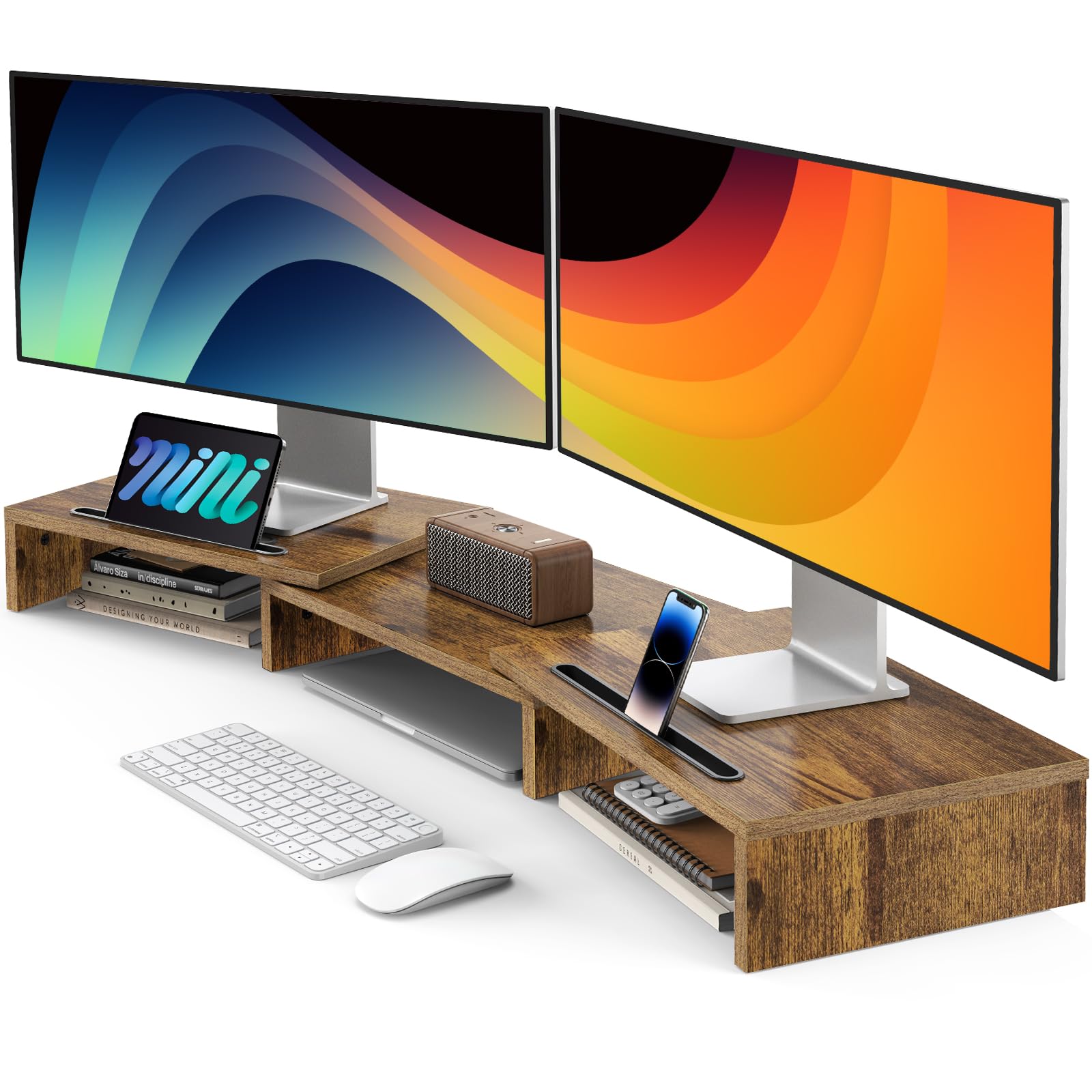 Photo 1 of AMERIERGO Dual Monitor Stand Riser- 3 Shelf Screen Stand with Adjustable Length and Angle, 2 Extra Functional Slot Desktop Organizer Stand for PC, Computer, Laptop (Rustic Brown)