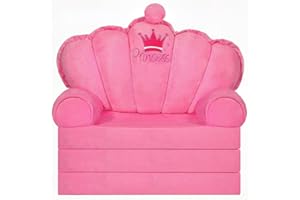 harhoers Pink Princess Toddler Couch Fold Out, 2-in-1 Foldable Sofa Bed & Chair for Kids 1-5, Comfy Crystal Velvet Kids Lounge Chair for Playroom, Gift