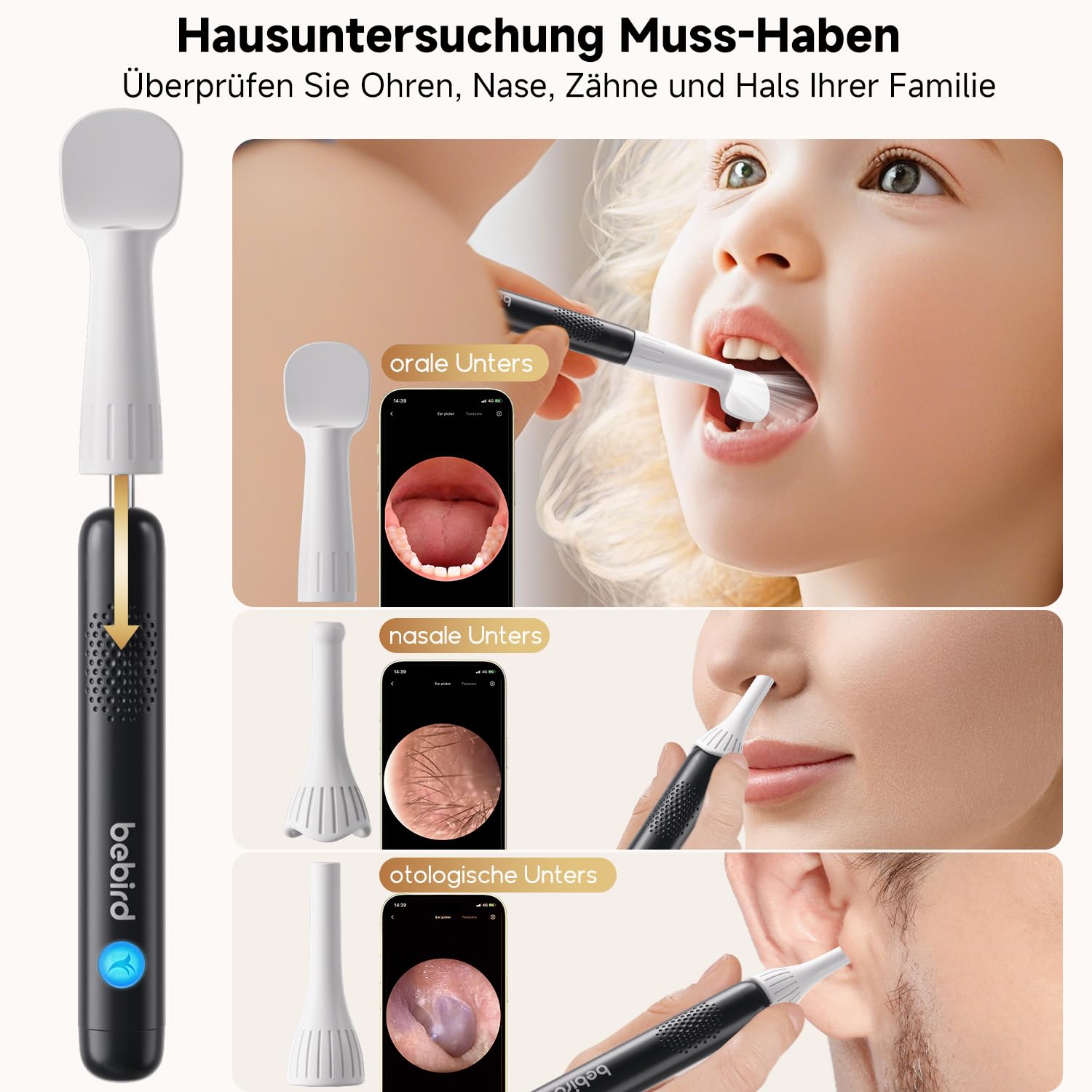 BEBIRD R1 Ultra Ohrenschmalz Entferner Kamera, Ohrenreiniger mit Otoskop für Zuhause, Komplett-Set mit Sichtbarer Dropper & Pinzette, Für Ohr & Nase & Rachen Untersuchung der Familie-Schwarze 5