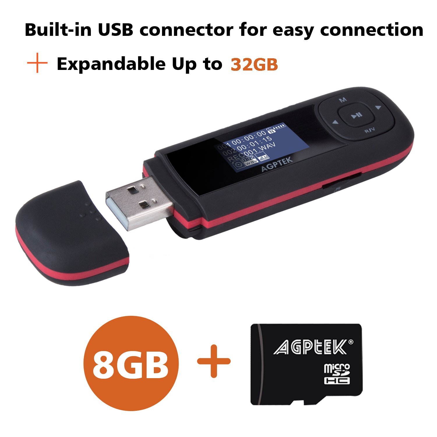 AGPTEK U3 USB Stick Mp3 Player, 8GB Music Player Supports Replaceable