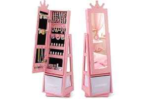 HONEY JOY Kids Jewelry Armoire Cabinet, 360° Swivel Standing Wooden Standing Jewelry Organizer w/Full-length Mirror, 47” Mobile Dress Up Vanity Jewelry Cabinet for Little Girls(Pink)
