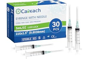 Careach 30 Pack 5mL Syringe 21gauge 1.5inch, for Scientific Labs, Individually Wrapped