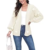 Women's Boho Crochet Cardigan Oversized Open Front Long Sleeve Floral Embroidery Knit Sweater