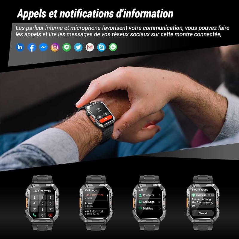 Montre Connectée Militaire Hommes, Autonomie 100 jours, Lampe de Poche LED