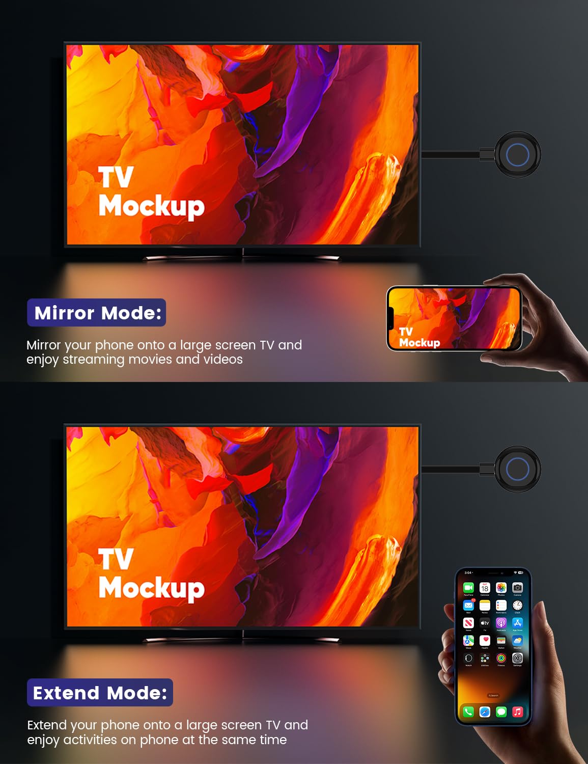 Wireless HDMI Display Dongle Adapter, One-Click Streaming Video/Audio/File from Smartphones and Laptops to HDTVs, Monitors, and Projectors, Supporting Airplay, DLNA and Miracast