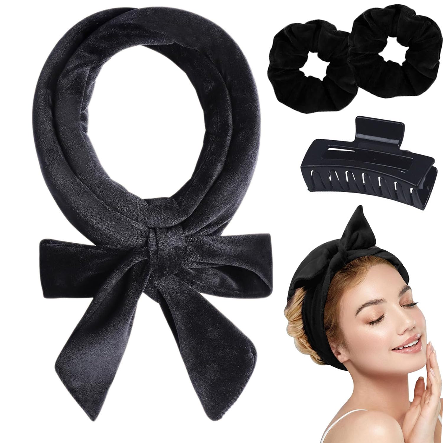 Hair Curlers Heatless Headband Curling Rod Soft Sleep Hair Rollers No Heat Wave Curler with Hair Clip Overnight Curls for Long Medium Short Hair DIY Styling (Black)