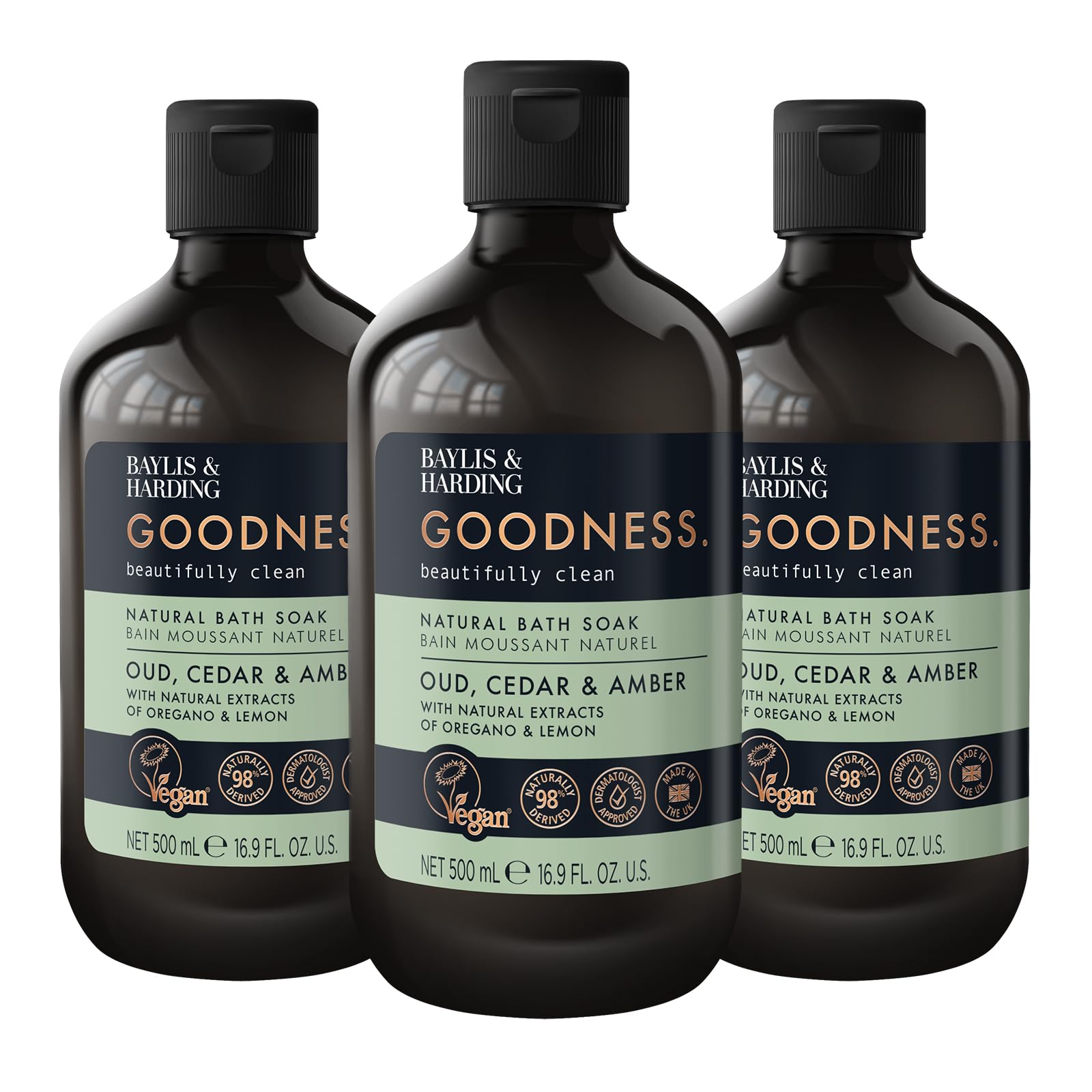 Baylis & Harding Goodness Oud, Cedar & Amber Bath Soak, 500 ml (Pack of 3) - Vegan Friendly